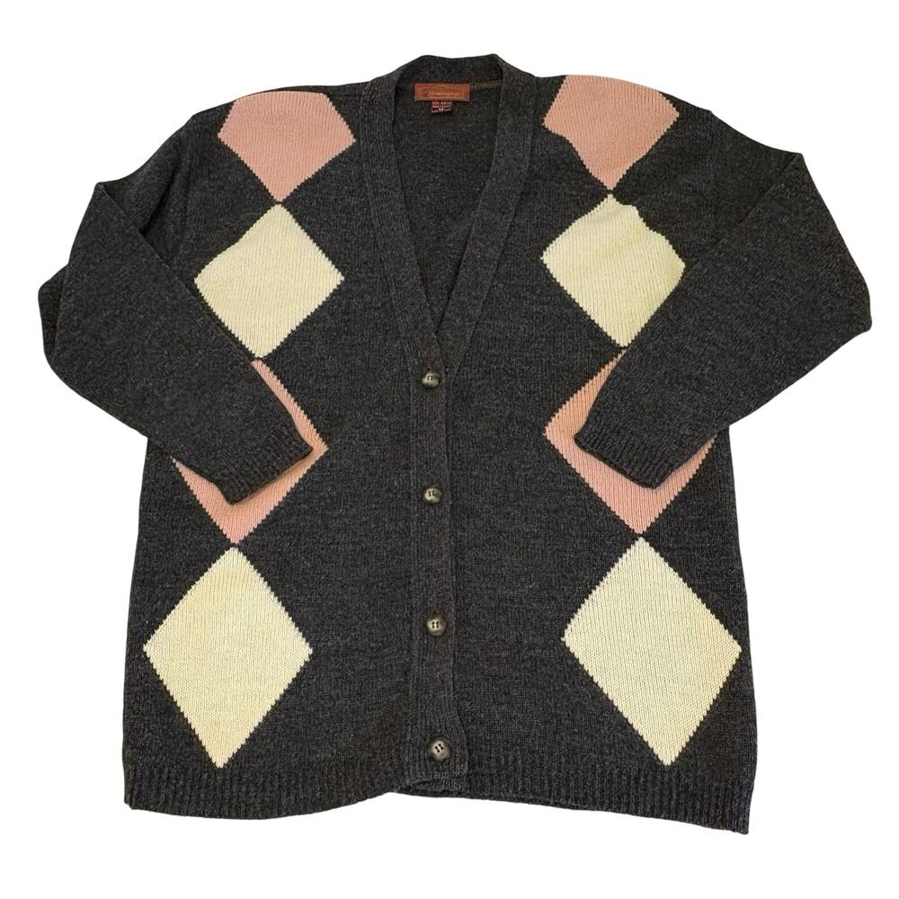 Vintage Worthington Argyle Cardigan Women's M Gray Pink White Preppy